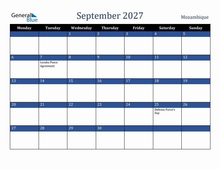 September 2027 Mozambique Calendar (Monday Start)