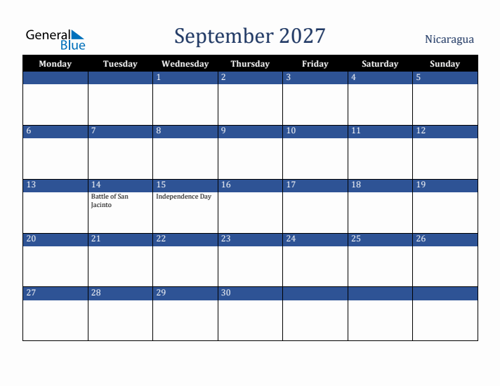 September 2027 Nicaragua Calendar (Monday Start)