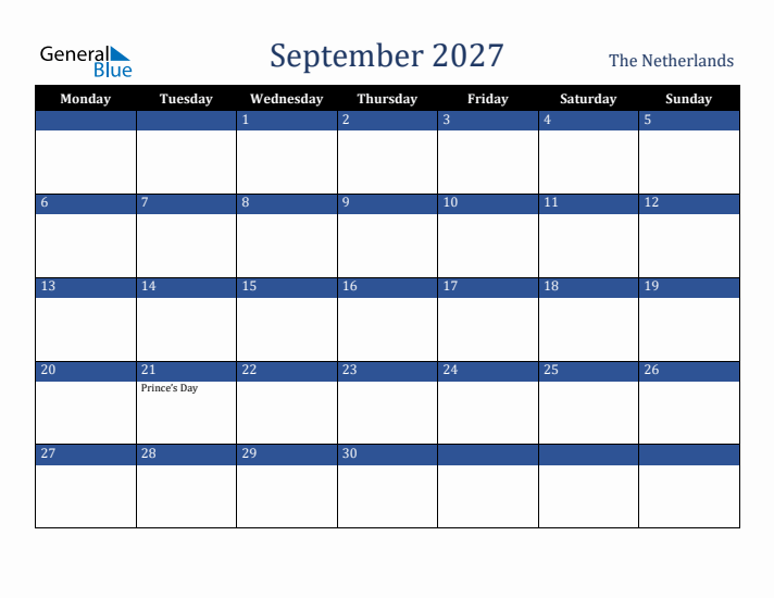 September 2027 The Netherlands Calendar (Monday Start)