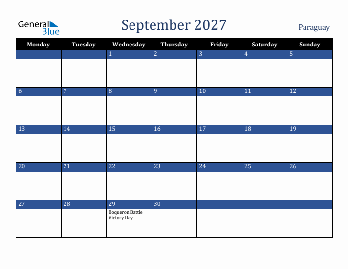 September 2027 Paraguay Calendar (Monday Start)