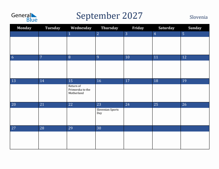 September 2027 Slovenia Calendar (Monday Start)