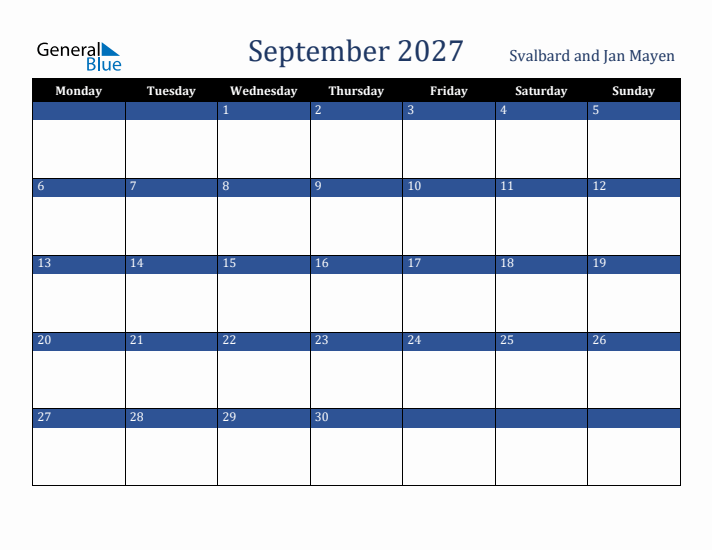 September 2027 Svalbard and Jan Mayen Calendar (Monday Start)