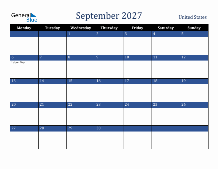 September 2027 United States Calendar (Monday Start)