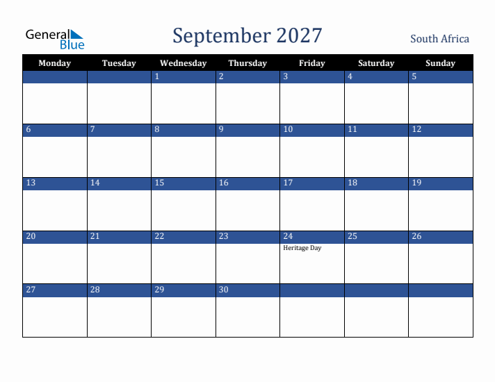 September 2027 South Africa Calendar (Monday Start)