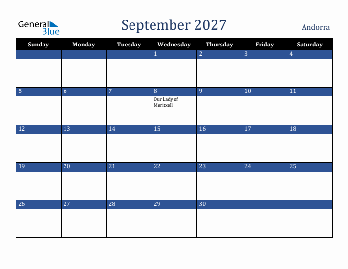 September 2027 Andorra Calendar (Sunday Start)