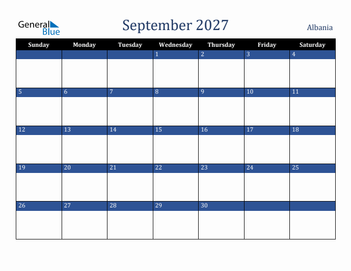 September 2027 Albania Calendar (Sunday Start)