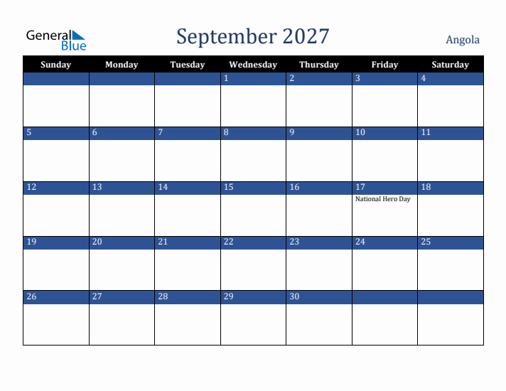 September 2027 Angola Calendar (Sunday Start)
