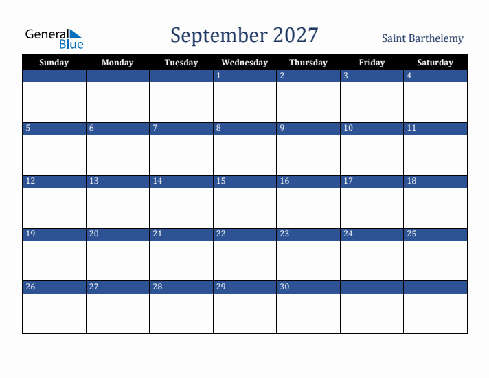September 2027 Saint Barthelemy Calendar (Sunday Start)