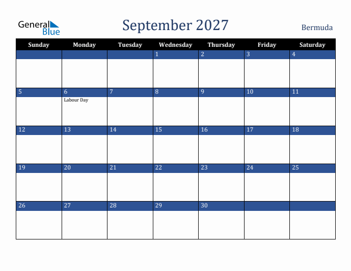 September 2027 Bermuda Calendar (Sunday Start)