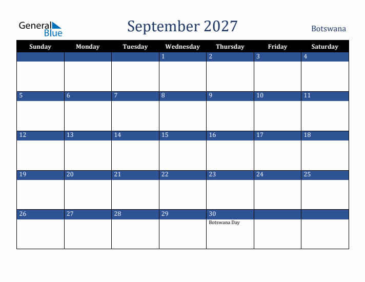 September 2027 Botswana Calendar (Sunday Start)