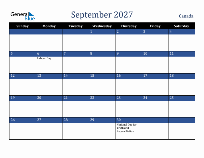 September 2027 Canada Calendar (Sunday Start)