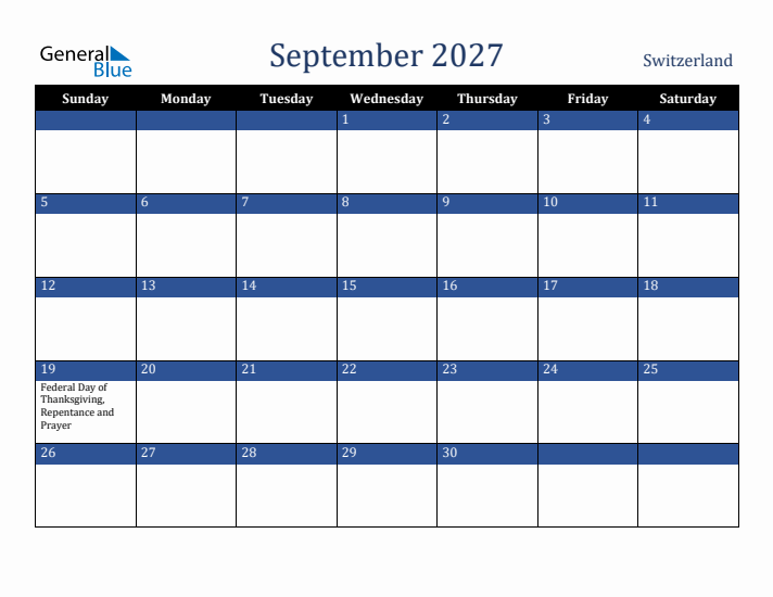 September 2027 Switzerland Calendar (Sunday Start)