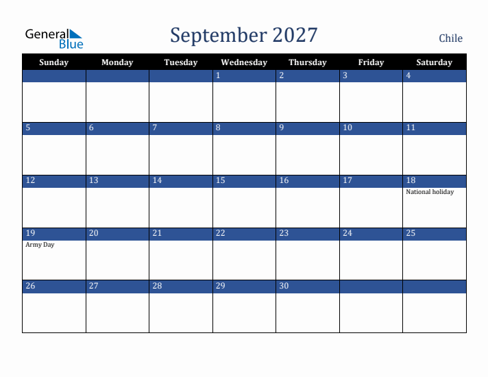 September 2027 Chile Calendar (Sunday Start)