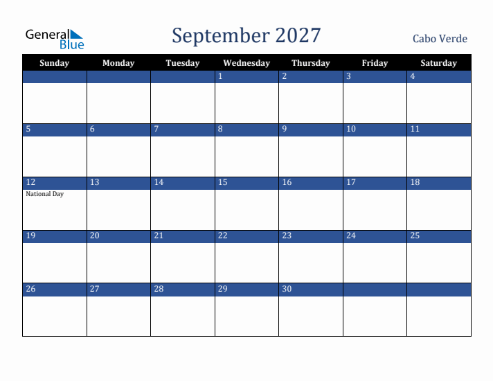 September 2027 Cabo Verde Calendar (Sunday Start)