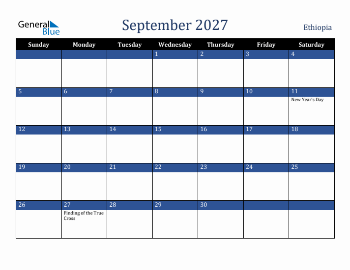 September 2027 Ethiopia Calendar (Sunday Start)