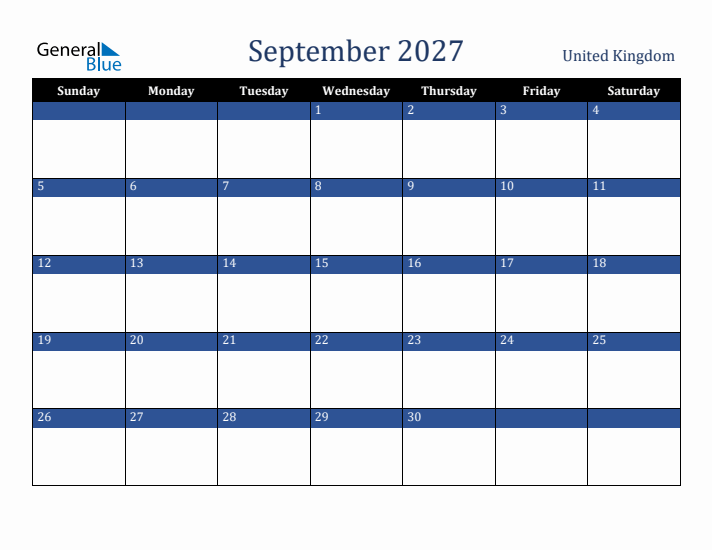 September 2027 United Kingdom Calendar (Sunday Start)