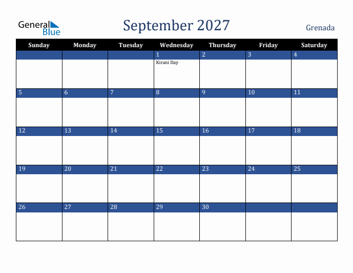 September 2027 Grenada Calendar (Sunday Start)