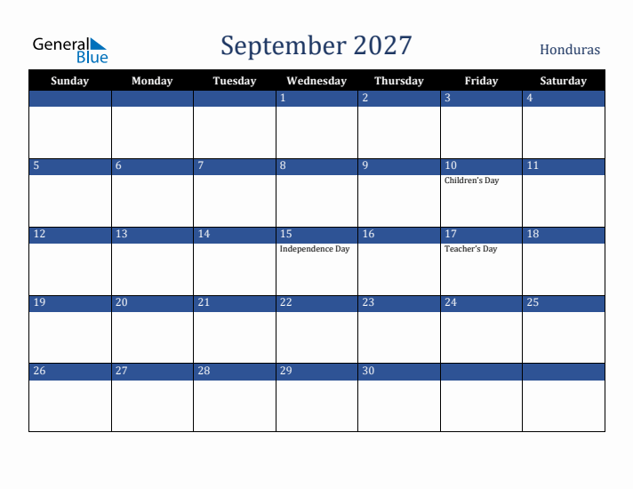 September 2027 Honduras Calendar (Sunday Start)
