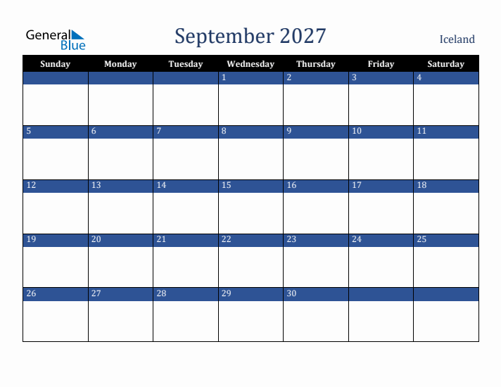 September 2027 Iceland Calendar (Sunday Start)