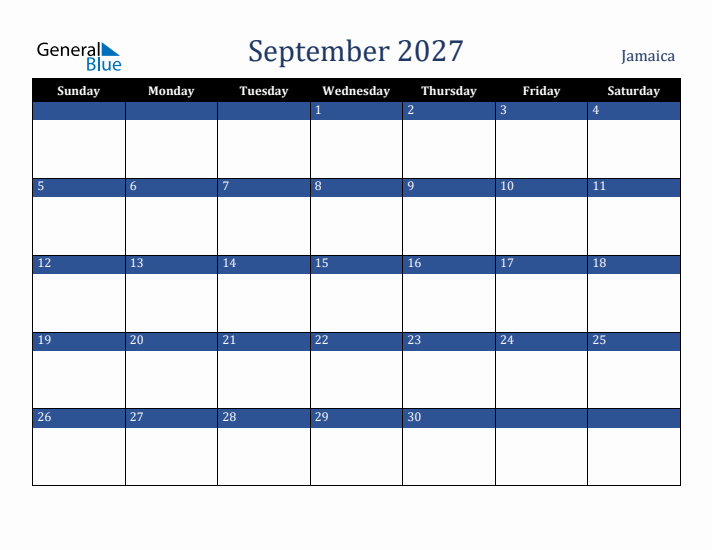 September 2027 Jamaica Calendar (Sunday Start)