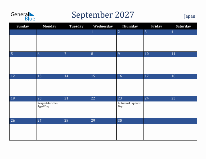 September 2027 Japan Calendar (Sunday Start)