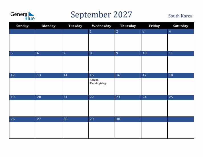 September 2027 South Korea Calendar (Sunday Start)