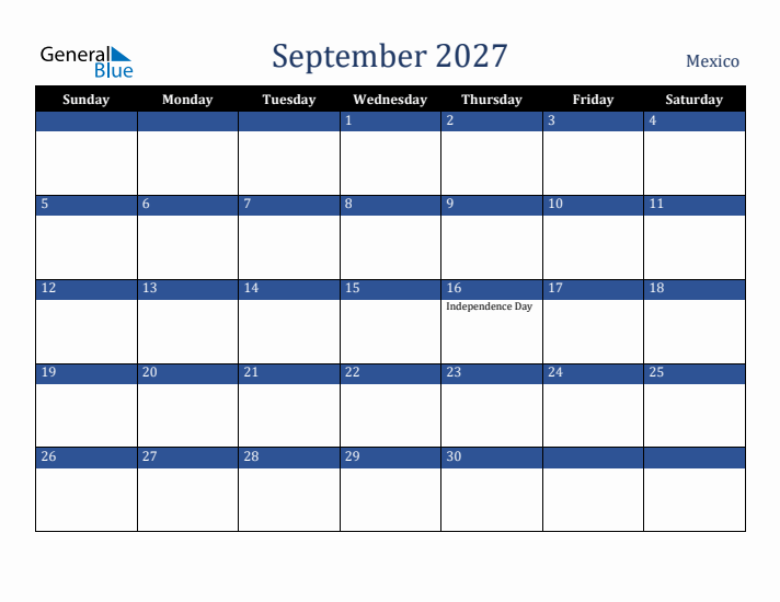 September 2027 Mexico Calendar (Sunday Start)