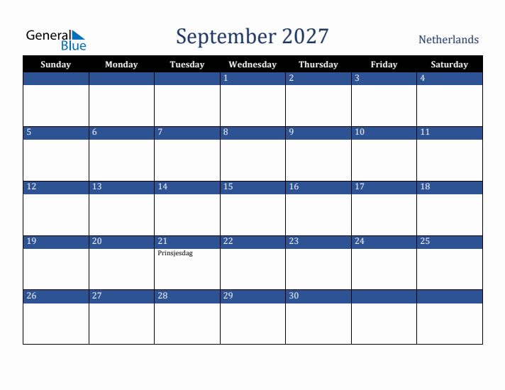 September 2027 The Netherlands Calendar (Sunday Start)