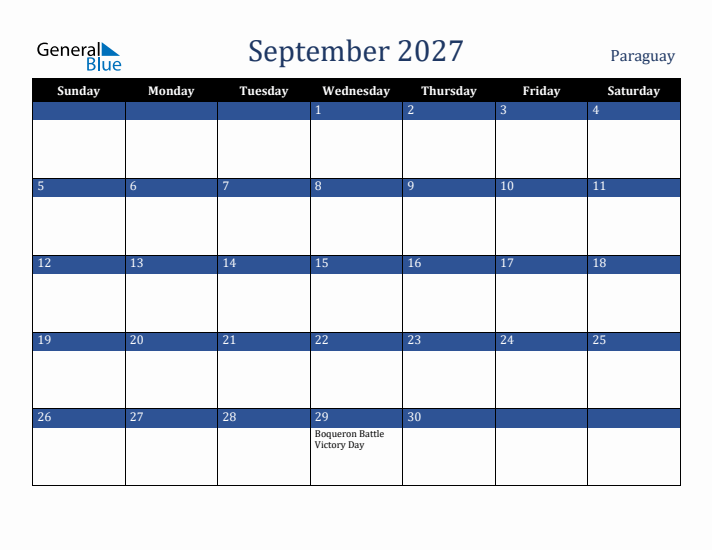 September 2027 Paraguay Calendar (Sunday Start)