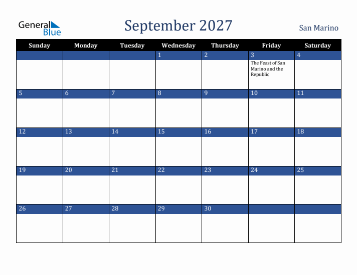 September 2027 San Marino Calendar (Sunday Start)