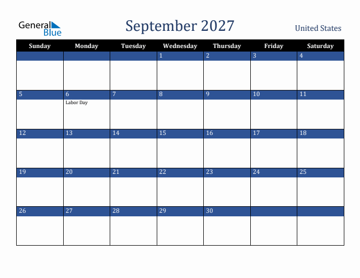 September 2027 United States Calendar (Sunday Start)