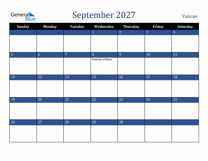 September 2027 Vatican Calendar (Sunday Start)