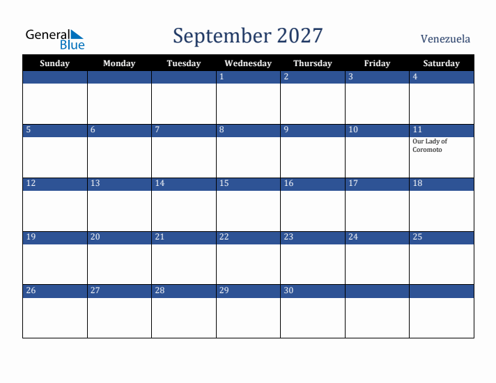 September 2027 Venezuela Calendar (Sunday Start)