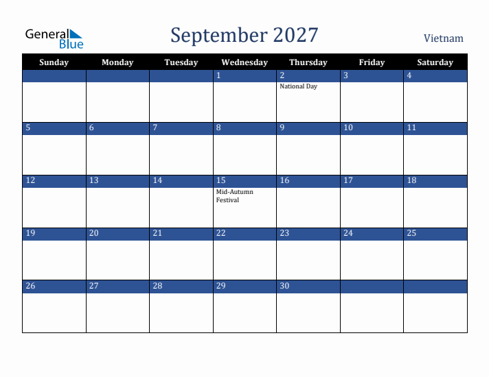 September 2027 Vietnam Calendar (Sunday Start)