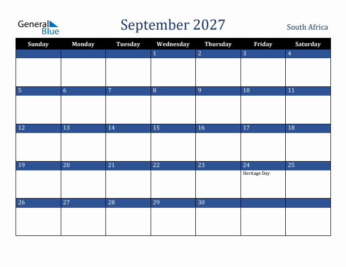 September 2027 South Africa Calendar (Sunday Start)