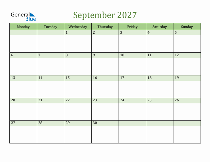 September 2027 Calendar with Monday Start