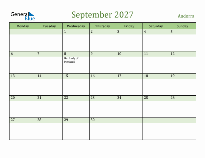 September 2027 Calendar with Andorra Holidays