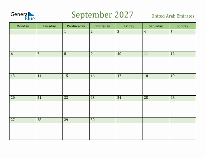 September 2027 Calendar with United Arab Emirates Holidays