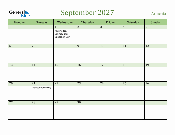 September 2027 Calendar with Armenia Holidays