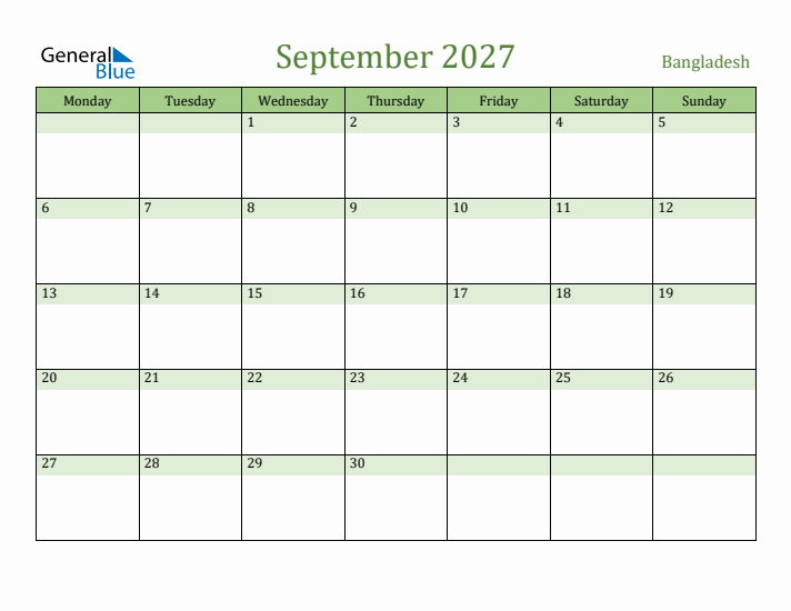 September 2027 Calendar with Bangladesh Holidays