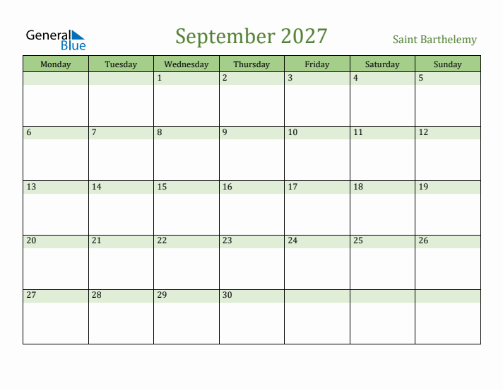 September 2027 Calendar with Saint Barthelemy Holidays