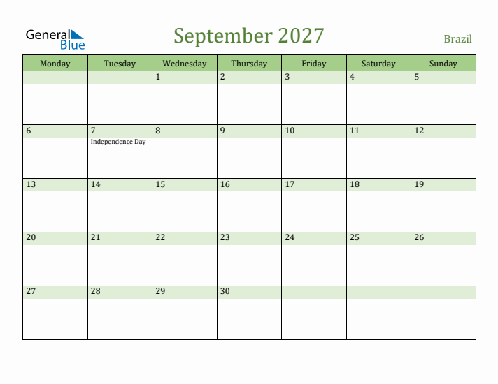 September 2027 Calendar with Brazil Holidays