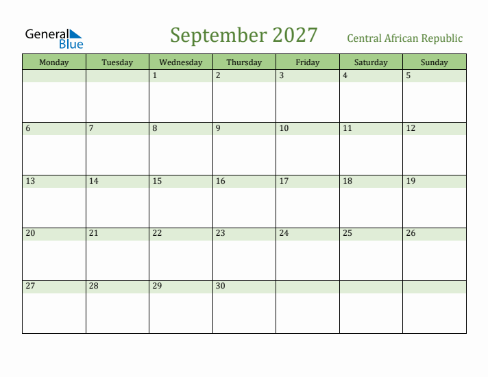 September 2027 Calendar with Central African Republic Holidays