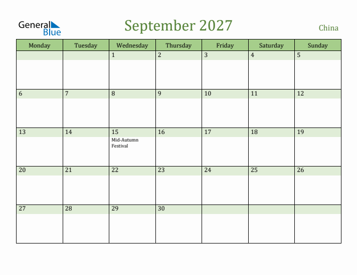 September 2027 Calendar with China Holidays