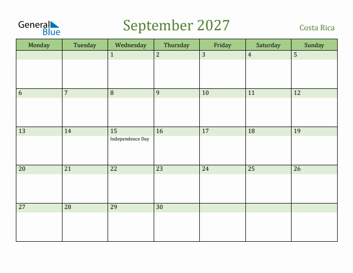 September 2027 Calendar with Costa Rica Holidays