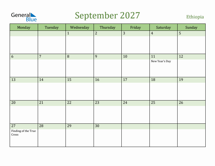 September 2027 Calendar with Ethiopia Holidays