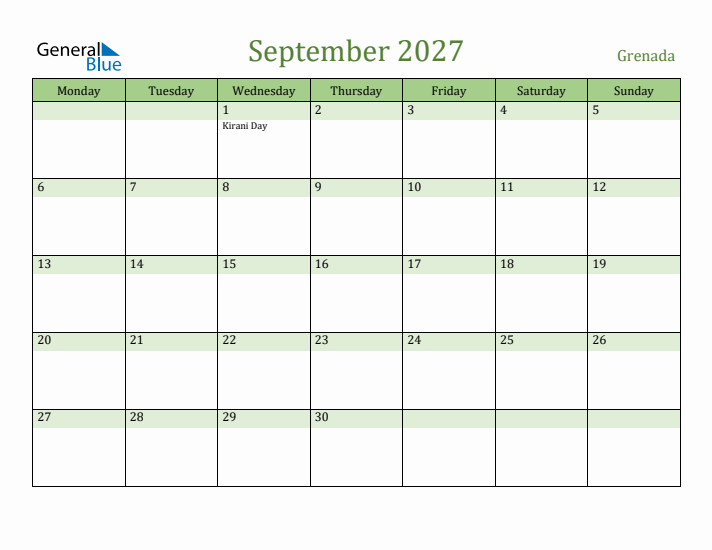 September 2027 Calendar with Grenada Holidays