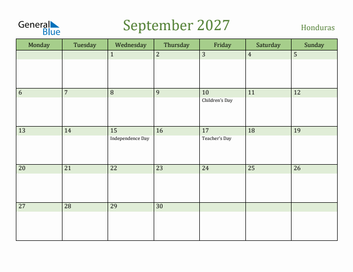 September 2027 Calendar with Honduras Holidays