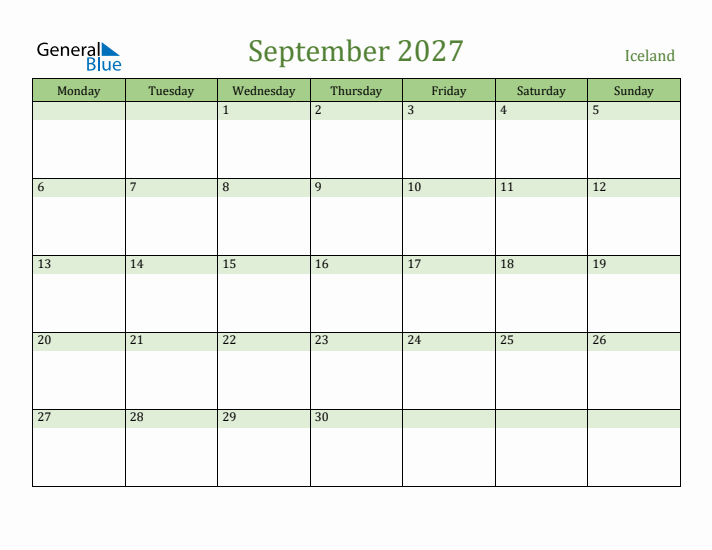 September 2027 Calendar with Iceland Holidays