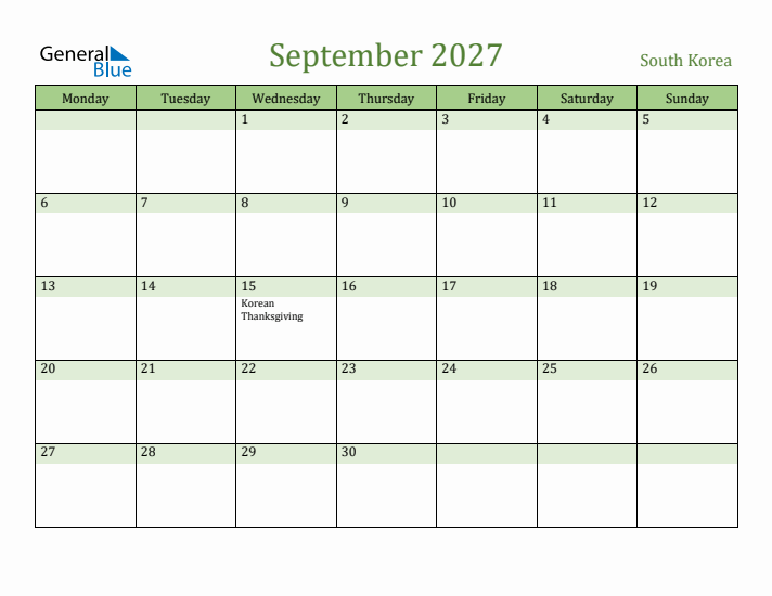 September 2027 Calendar with South Korea Holidays